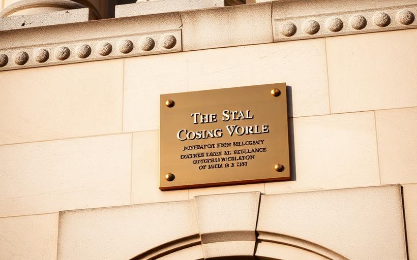 A brass plaque mounted on the stone facade of a civic building