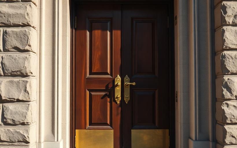A heavy wooden community center door with brass hardware set in stone